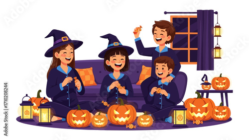 Halloween Family Gathering: A cheerful family gathers, donned in matching witch attire, surrounded by carved pumpkins and festive decorations.