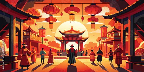 Vibrant chinese street scene with traditional architecture and lanterns during sunset