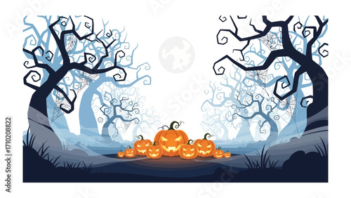Spooky Halloween Scene: A chillingly enchanting Halloween landscape featuring glowing Jack-o'-lanterns amidst silhouetted trees and a moonlit sky, set in a mysterious atmosphere