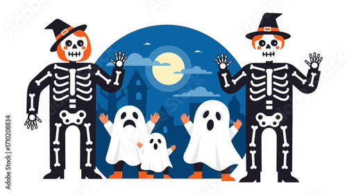 Spooky Halloween Celebration: Spooky skeletons and adorable ghosts come together for a festive celebration under a full moon, capturing the playful spirit of Halloween. 