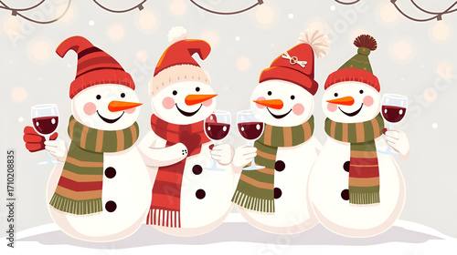 Happy snowmen enjoy holiday festivities, holding wine glasses, dressed in cozy scarves and hats. Perfect for Christmas party. Cute snowman vector illustration in cartoon style