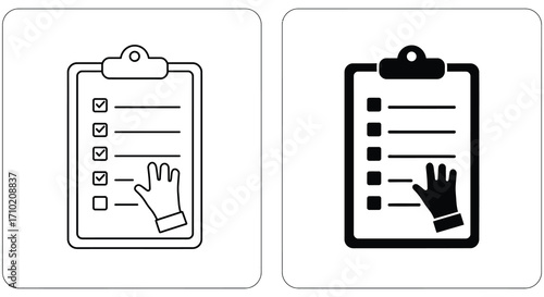 Two black and white clipboards with checklists and a hand icon