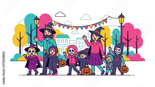 Halloween Family Outing: A spirited family embraces the spooky season, dressed in playful costumes as they embark on a cheerful trick-or-treat adventure.