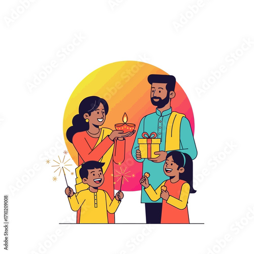 Joyful Indian family celebrating the auspicious Festival of Lights, Diwali, with traditional diyas, sparkling firecrackers, and heartfelt gifts, embodying cultural happiness and togetherness