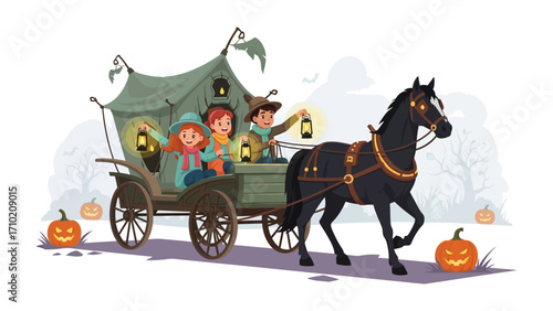 Halloween Carriage Ride: An enchanting illustration of a horse-drawn carriage filled with costumed children on a Halloween adventure, illuminated by lanterns and pumpkins.