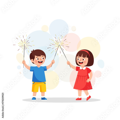 Happy Diwali! Two smiling children holding sparklers, celebrating the festival of lights with joy and excitement