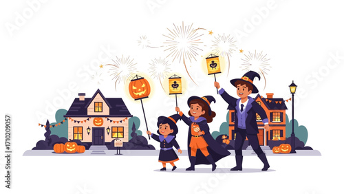 Festive Family Halloween Stroll: A joyful family, dressed in playful costumes, parades through a whimsical, festive street scene, enjoying the spirit of Halloween.