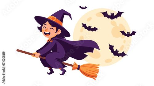 Happy Witch's Halloween Ride: A joyful witch takes flight on a broomstick, a festive scene under a full moon with bats. Illustrative of whimsical fantasy.
