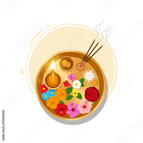 Vector illustration of a traditional Diwali pooja thali, a sacred offering plate with a burning lamp, colorful flowers, and incense sticks