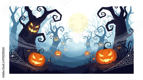 Spooky Halloween Night: A festive and eerie Halloween scene, featuring glowing jack-o'-lanterns, ominous trees, and a full moon, evoking a sense of mystery and thrill.