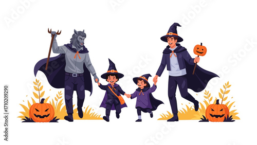 Halloween Family Fun: An illustrated family, dressed in costumes, gleefully enjoys Halloween, capturing the spirit of the festive holiday. 