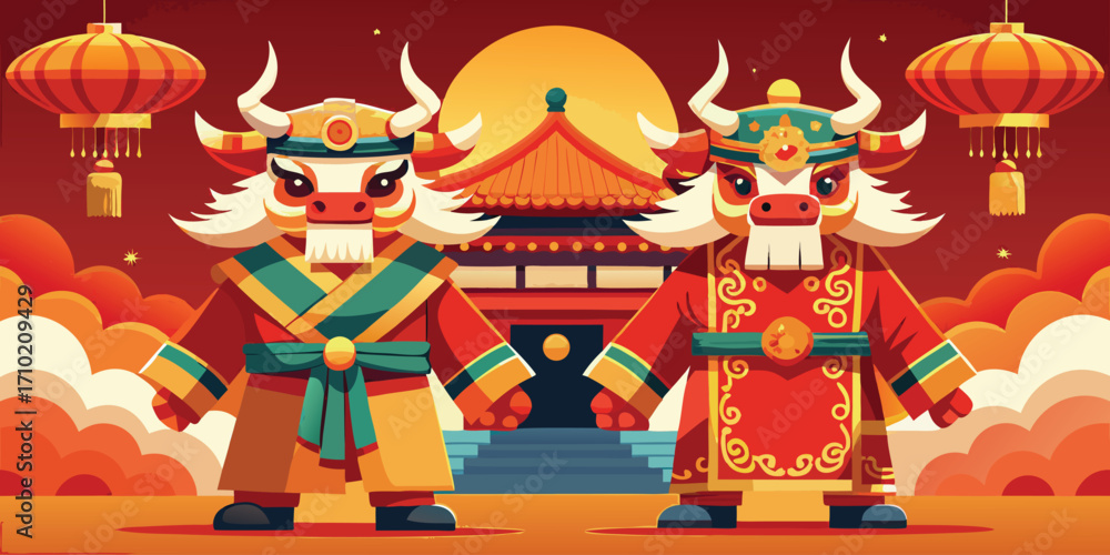 Fototapeta premium Two cartoon ox characters in traditional chinese clothing celebrate lunar new year