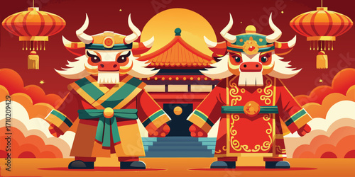 Two cartoon ox characters in traditional chinese clothing celebrate lunar new year