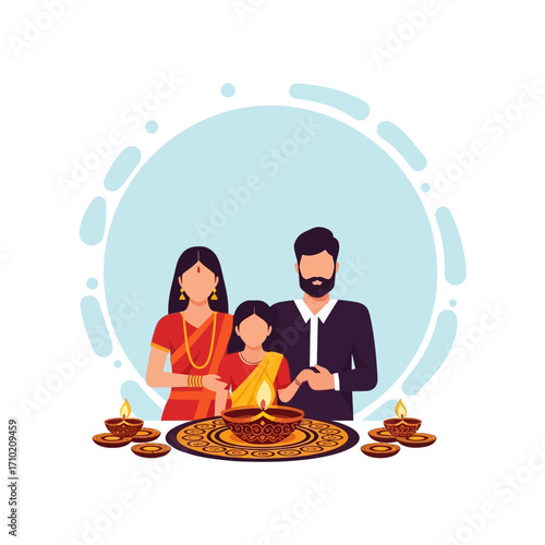 Happy family celebrating Diwali, lighting traditional oil lamps. Vibrant illustration depicting cultural heritage, togetherness, and the festive spirit of this Hindu festival