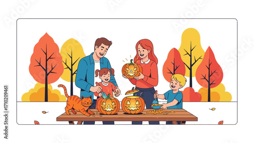 Family Halloween Fun: A happy family enjoys a creative session carving pumpkins for Halloween, showcasing a heartwarming scene of tradition, creativity, and togetherness. 