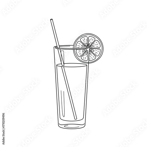 Vector art of a minimalist illustration of a glass with a straw and lemon slice, representing a refreshing and simple summer drink