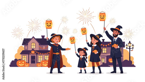 Halloween Gathering: A spirited family embraces the spooky season, with each member adorned in festive costumes and carrying pumpkin lanterns.
