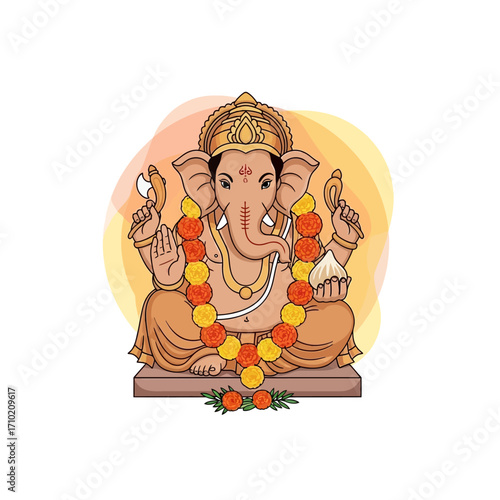 Ganesha Illustration for Diwali Celebrations with Traditional Garland