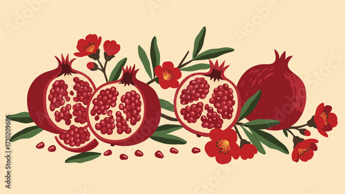 Pomegranate Fruits and Flowers Illustration with Seeds and Leaves