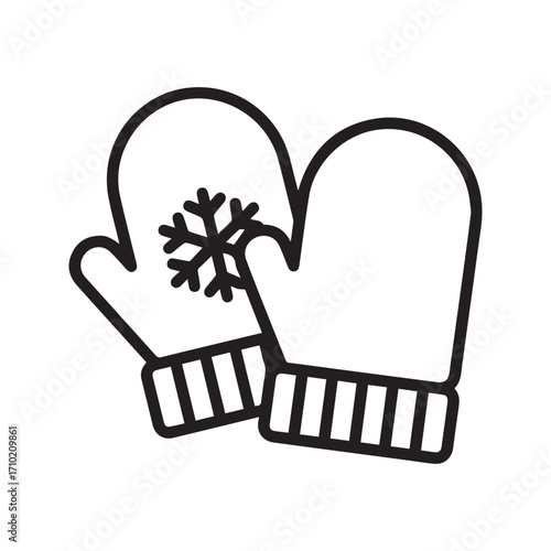 Pair of warm winter mittens with snowflake design. Simple black and white line art icon. Vector illustration for Christmas, holiday, and cold weather apparel.
