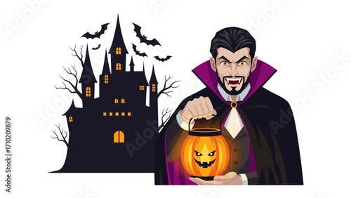 Halloween Night with Dracula: A vibrant, photorealistic scene of a fierce Dracula character in a traditional costume holding a glowing pumpkin lantern with a silhouette haunted house and bats.