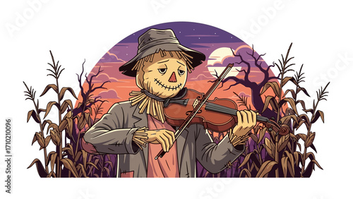 The Melodic Guardian: A whimsical illustration of a scarecrow serenading a violin within a warm, autumnal cornfield. This charming composition merges folklore and artistry.
