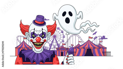 Spooky Carnival: An eerie illustration of a cartoon clown and a ghost against a carnival backdrop, creating a spooky and playful atmosphere. 