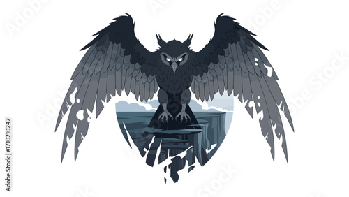 Mystical Owl Silhouette: A dark, stylized illustration of an owl with majestic wings and glowing eyes, perched atop a rugged landscape, exuding an air of mystery and fantasy.