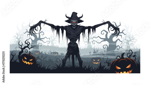 Halloween Scarecrow Scene: A spooky scene featuring a menacing scarecrow in a eerie autumn landscape, with glowing pumpkin and hauntingly stylized trees,perfect for the Halloween season.