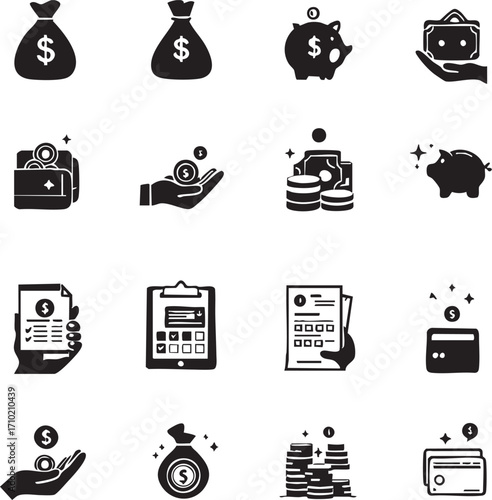 Finance and Banking Icon Set Vector – Monochrome Symbols of Money Management, Savings, Transactions, and Financial Planning