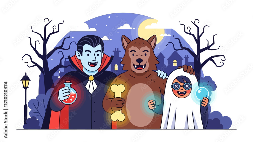 Naklejka premium Halloween's Thrilling Trio: A festive illustration captures the excitement of Halloween with three iconic characters: a vampire, werewolf, and a ghost, against a spooky night sky backdrop.