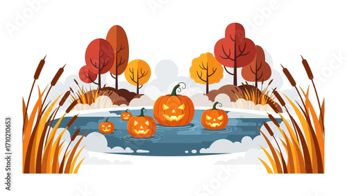 Spooky Pumpkin Lake: A serene lakeside scene is transformed with Halloween essence.