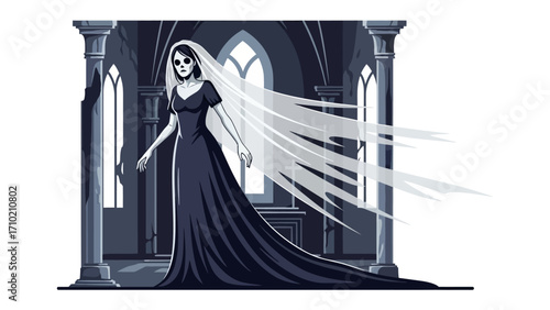 Haunted Bride in Abandoned Chamber: A spectral bride glides through a desolate, gothic chamber, her ethereal veil trailing, as if forever bound to its haunting secrets. 
