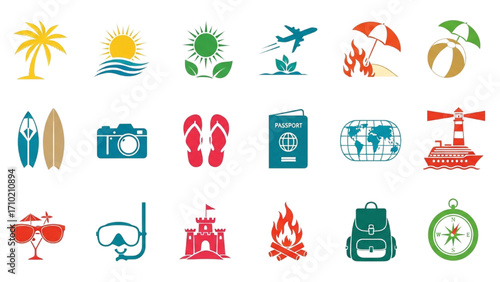 Summer and Travel Icon Set, High-Quality Colorful Silhouette Vector Collection of Beach, Vacation, Adventure, and Holiday Symbols