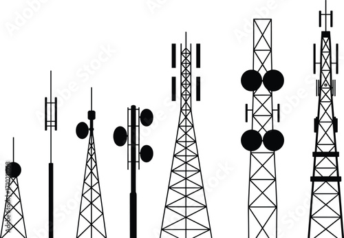Telecommunication tower icons, cell signal antenna, radio communication tower, wireless technology infrastructure, mobile network, broadcasting mast, transmission tower vector illustration set