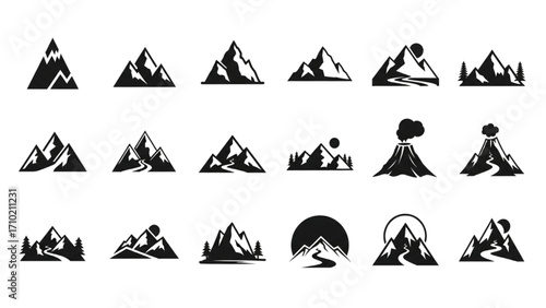 Mountain Logo Icons – Black Silhouette Icon Set of Nature, Adventure, and Outdoor Symbols