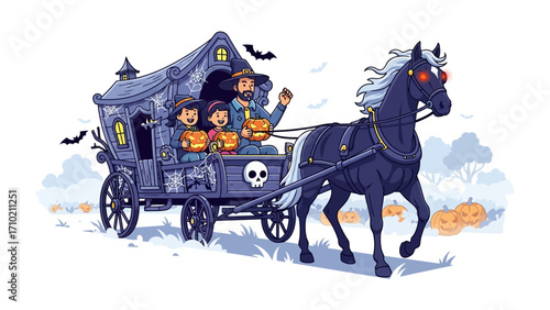Haunted Carriage Halloween Scene: An elaborately illustrated haunted carriage, drawn by a spectral horse, transports a family through a spooky Halloween landscape, filled with pumpkins and bats.