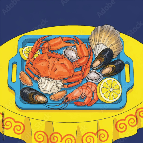Flat lay illustration of seafood including crab, mussels, and scallops on a blue tray with lemon slices, on a yellow tablecloth with red swirls against a dark blue background.