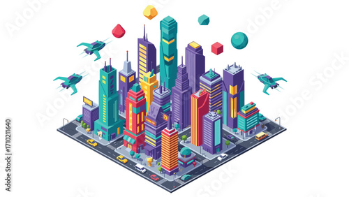 Imagination and Innovation in a Colorful Metropolis Artwork, Horizontal Perspective of a Dreamlike Landscape