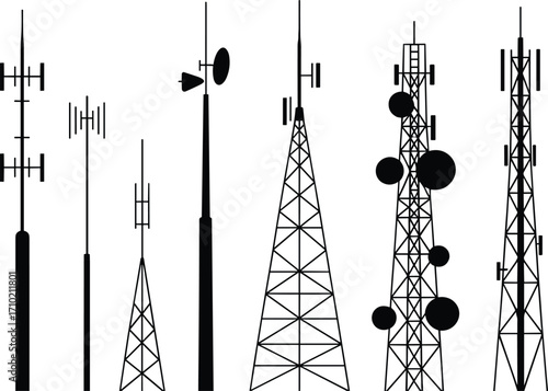 Telecommunication towers silhouette set, wireless communication antennas, cellular network infrastructure, radio signal transmitters, technology and connectivity concept