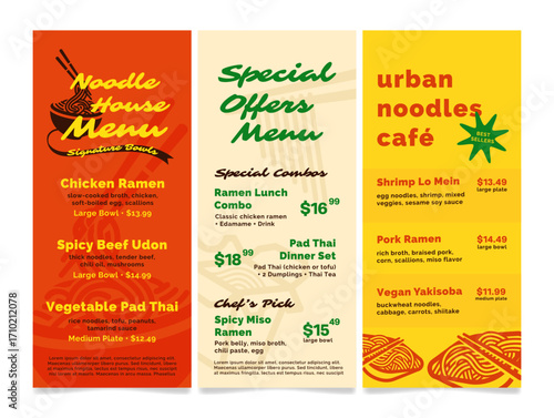 A noodle shop menu template with a variety of dishes and special offers in a vibrant design for cafes and restaurants