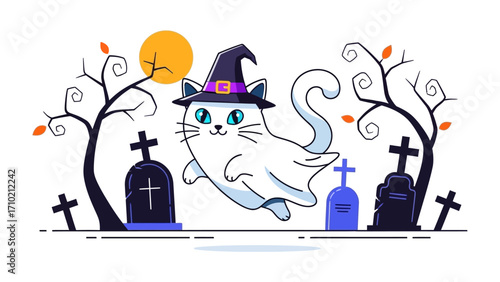 Whimsical Halloween Ghost Cat: A charming animated cat ghost, adorned with a witch's hat, merrily floats through a spooky cemetery.