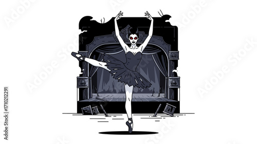 Enchanting Ballerina's Performance: A ballerina's captivating pose within the dramatic scene, expressing dedication and artistry, rendered in monochromatic art with a touch of allure