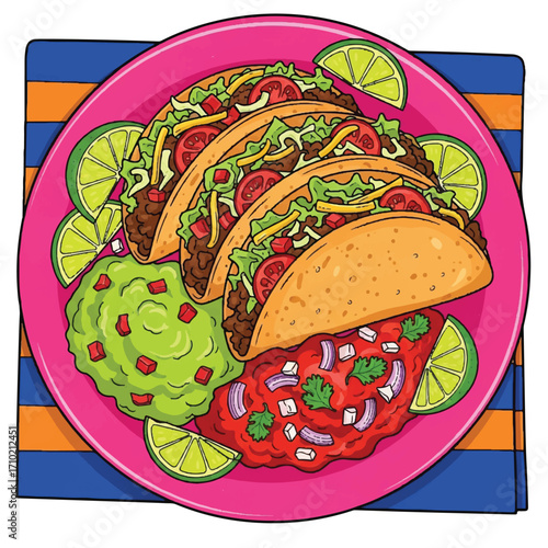 Vibrant plate of tacos with guacamole salsa and lime wedges on a colorful napkin with a white background.
