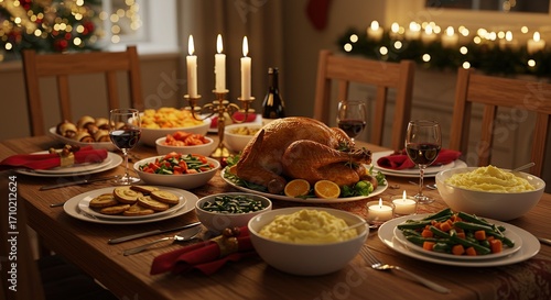 Festive Christmas Dinner Table Setting with Roasted Turkey and Abundant Food.
