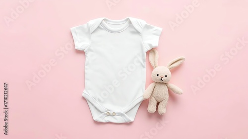 Baby bodysuit with plush bunny arranged on pastel pink background, ideal for nursery, baby shower, gifting, or newborn promotion.