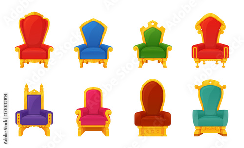 A set of colorful royal thrones, designed in a vector cartoon style. Each throne features a unique design, vibrant colors, and bold shapes, showcasing a creative approach.