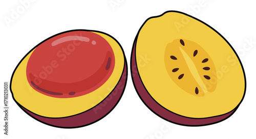 A vibrant illustration depicting a halved dragon fruit with exposed seeds