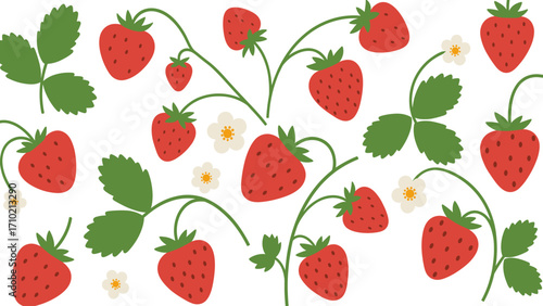Fresh Strawberry Pattern Illustration with Green Leaves and White Flowers. Sweet Red Berries for Summer Food and Healthy Lifestyle.