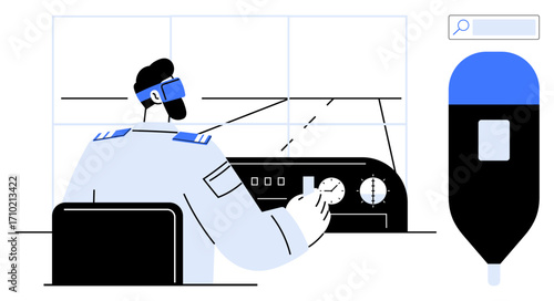 Pilot wearing a uniform adjusts controls on a dashboard in a cockpit with a large window, accompanied by a search bar and a vertical instrument display. Ideal for aviation, technology, AI control